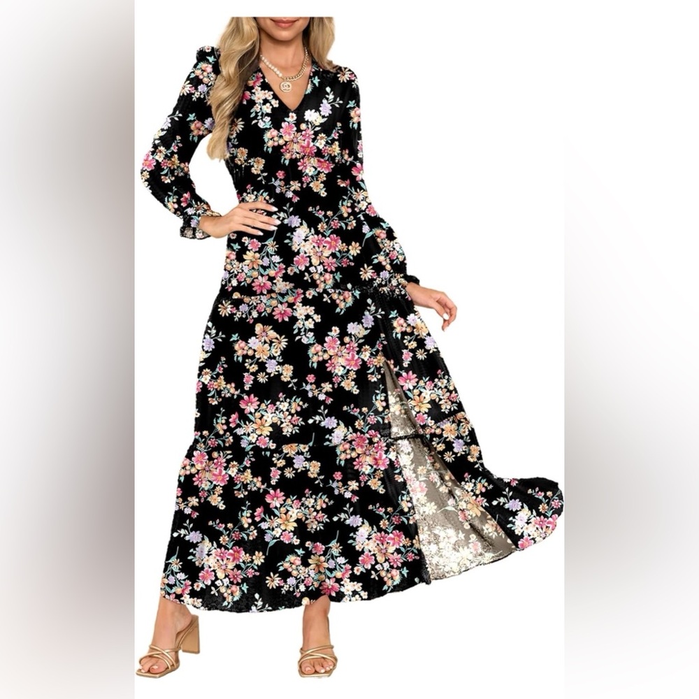 Chic Black Floral Long Sleeve Dress